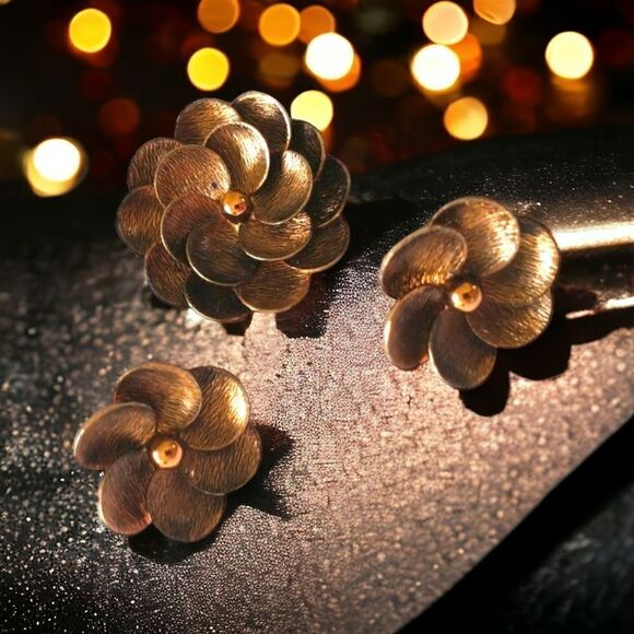 Demi Parure Earrings Brooch Set Vtg Copper Floral 50s 60s Daisy Estate MCM Retro - Picture 16 of 16
